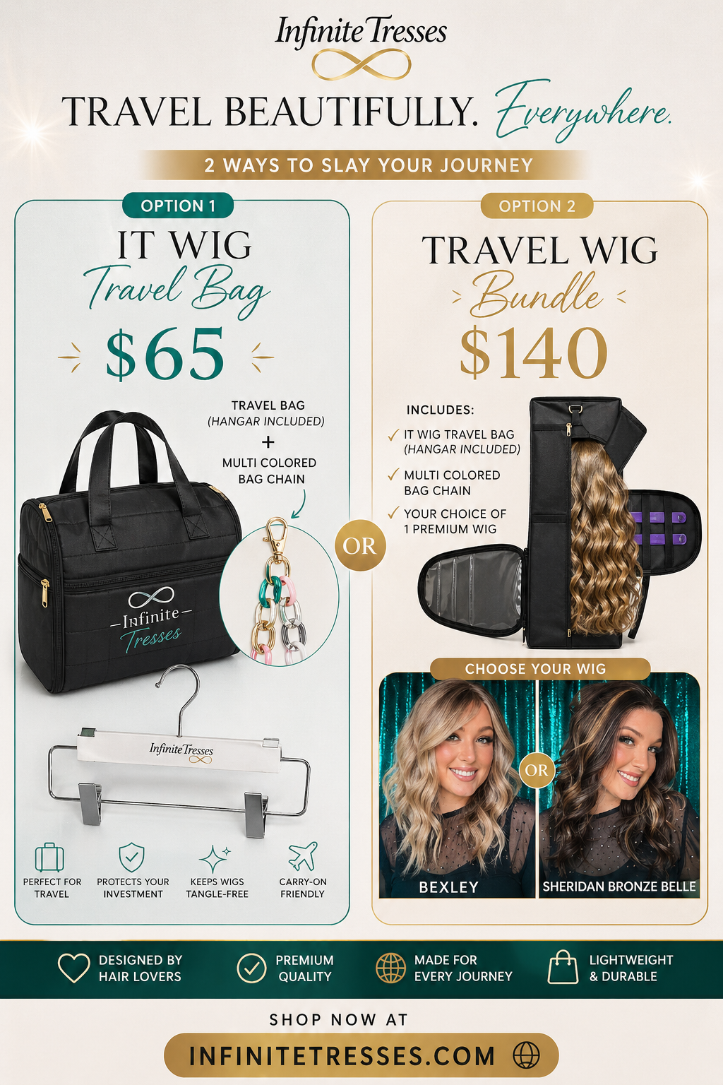 Infinite Tresses Travel Bag Combo with Sheridan Bronze Belle. Standard Size with hangar